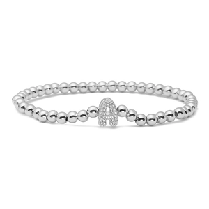 Silver bead elastic bracelet with a sparkling zircon-inlaid letter A pendant for women
