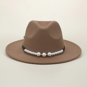 Brown wool felt wide brim fedora with black ribbon and white pearl accents for women