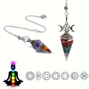 Hexagonal seven chakra natural crystal pendant with silver pentagram moon cap and chain