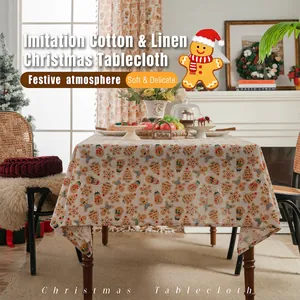Christmas Tablecloth Cotton Linen Blend Gingerbread Man Print Rectangular Festive Holiday Kitchen Dining Table Cover