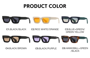 Detailed grid view showing six stylish retro rectangular sunglasses in various color options