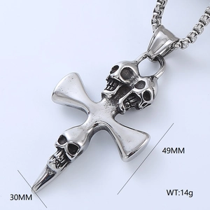 Detailed view of punk style stainless steel reaper skull cross pendant with dimensions