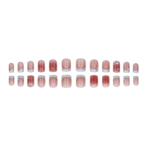 Faux ongles dégradés rose aurore style français avec strass et bordure argentée 24 pcs
