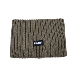Detail of army green ribbed knit headband featuring a stitched black RANK brand label