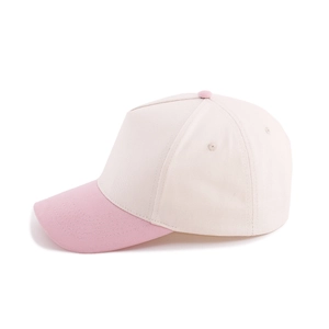 Detail of five-panel cotton baseball cap with pink brim and off-white crown textures
