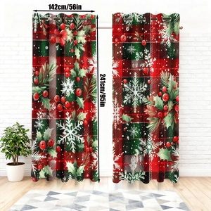 Detail view of Christmas plaid curtains with grommets showing 56x95 inch size specifications