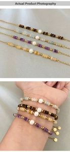 Detailed set of four beaded bracelets with tiger eye stones and pearls on a gold chain