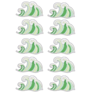 Detail of 10-piece set of green ocean wave embroidered patches with fine needlework texture