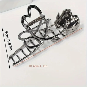 French retro metal rose flower hair claw clip in gunmetal grey finish with dimensions