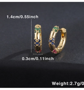 Detail of gold hoop earrings featuring multi-colored zircon stones and dimensions