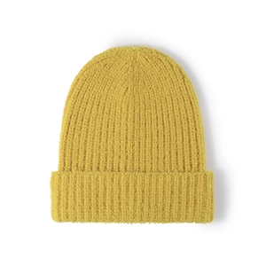 Thick ribbed knit beanie in bright yellow feather yarn for autumn and winter warmth