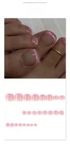 Detail of pink French glitter press-on toe nails set in various sizes, model JP3802