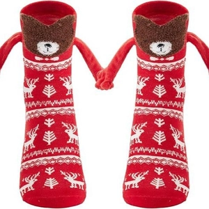 Red Christmas magnetic holding hands socks with reindeer patterns and 3D magnetic arms