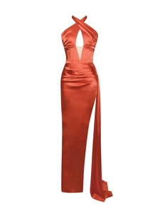 Detail of satin dress featuring halter neck, cutout chest, and elegant side drape
