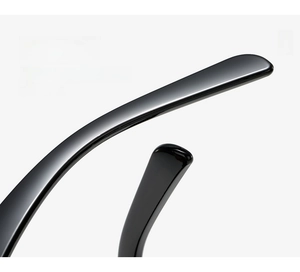 Macro view of sleek black glossy temples for square oversized fashion sunglasses