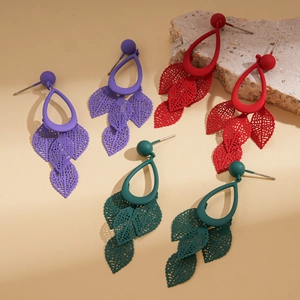 Matte finish hollow leaf tassel drop earrings in purple, red, and dark green colors