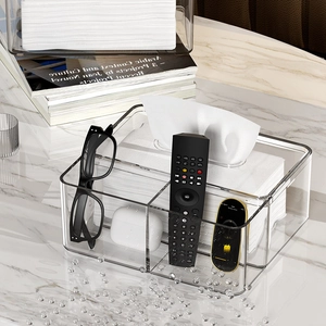 Transparent acrylic tissue box organizer with three compartments for remote and glasses