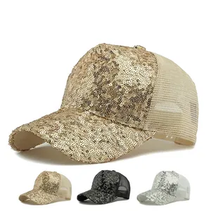 Damen Pailletten Mesh Trucker Hut Atmungsaktive High Top Baseball Kappe Sonnenschutz Outdoor Mode Casual Glitzer Verstellbar