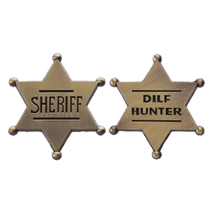 Bronze hexagonal star sheriff metal badges with engraved text on white background