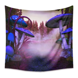 Detailed close-up of fantasy forest tapestry featuring glowing blue mushrooms and purple trees