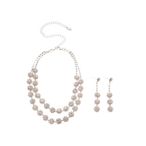 Elegant silver flower jewelry set with double layer necklace and matching crystal earrings