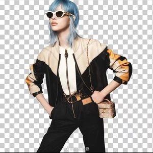 Detail view of stylish square sunglasses paired with a leather jacket and monogram bag