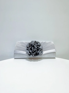 Silver pleated evening clutch bag with dark gray flower elegant wedding party handbag women