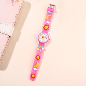 Pink cartoon kids watch with silicone strap featuring sun and moon 3D elements