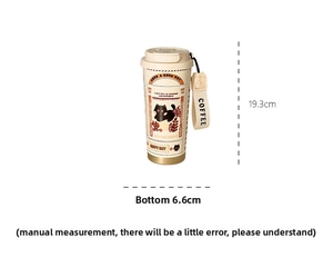 Detailed view of cream coffee tumbler with cat illustration and woven strap dimensions