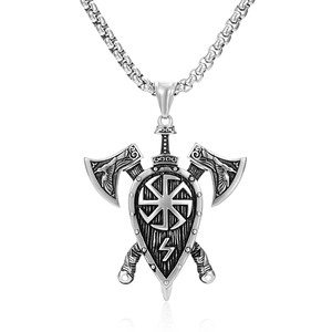 Detail of Viking double axe and shield pendant in silver-tone stainless steel