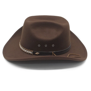 Detail of the brown western cowboy hat featuring a leather band with braided rope accents