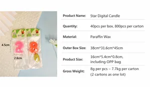 Dettaglio delle candele a forma di numero rosa e arancio con stelle e dimensioni esatte