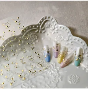 Detail of M-1027 golden star and curved line nail art stickers on gradient nails
