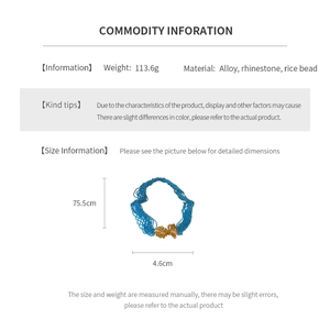 Detailed spec sheet for blue beaded multilayer necklace with floral rhinestone clasp