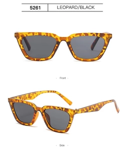 Detailed front and side views of square leopard print sunglasses with dark lenses