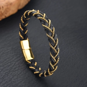 Men's woven black leather bracelet with gold stainless steel chain and magnetic clasp