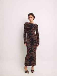 Tiger Print Knit Maxi Dress Women Long Sleeve Round Neck Slim Fit Bodycon Ankle Length Elegant Polyester Party Evening