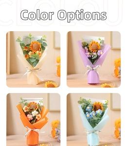 Detail display of four colorful handmade knitted sunflower bouquets with gift ribbons