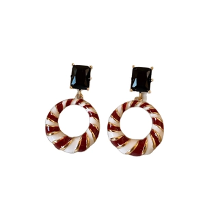 Geometric enamel drop earrings with black gemstone and red white spiral pattern