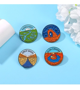 Vista dall'alto di quattro badge smaltati dei parchi nazionali su sfondo blu chiaro