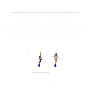 Size chart and details of vintage crane drop earrings with blue crystal and alloy finish