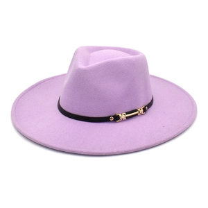 Detail of lavender wool fedora with a black leather band and golden metal buckle