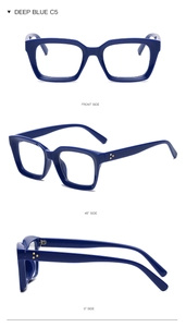 Detailed views of deep blue square eyeglass frames with gold rivet accents in multi-angle