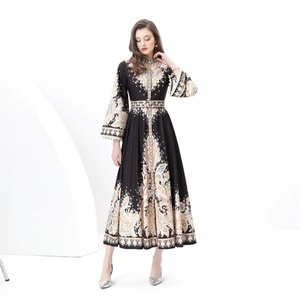 Vintage palace-style floral maxi dress with stand collar and elegant lantern sleeves