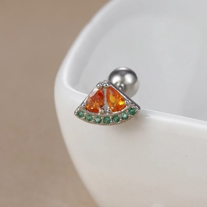 Macro view of watermelon stud earring with orange gems and secure screw back closure