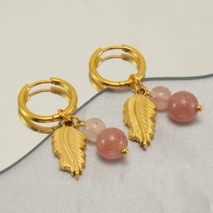 Boho Hoop Earrings 18K Gold Plated Stainless Steel Leaf Feather Pendant Natural Stone Round Beads Vintage For Women