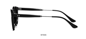 90-degree side view showing the black polarized sunglasses with silver metal temple detail