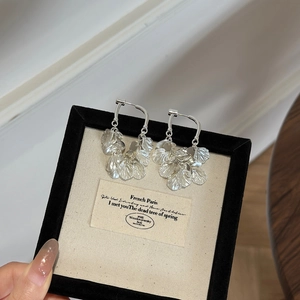 Close-up of silver geometric sequin petal tassel earrings on a French Paris card