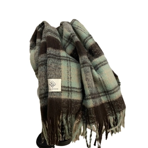Thick plaid winter scarf with fringe in green and brown, stylish warm unisex shawl wrap