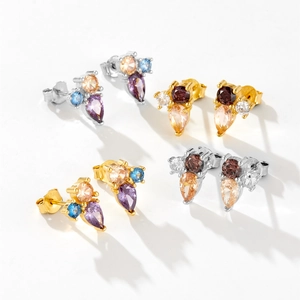 S925 sterling silver teardrop studs with multi-color cubic zirconia in pear shape